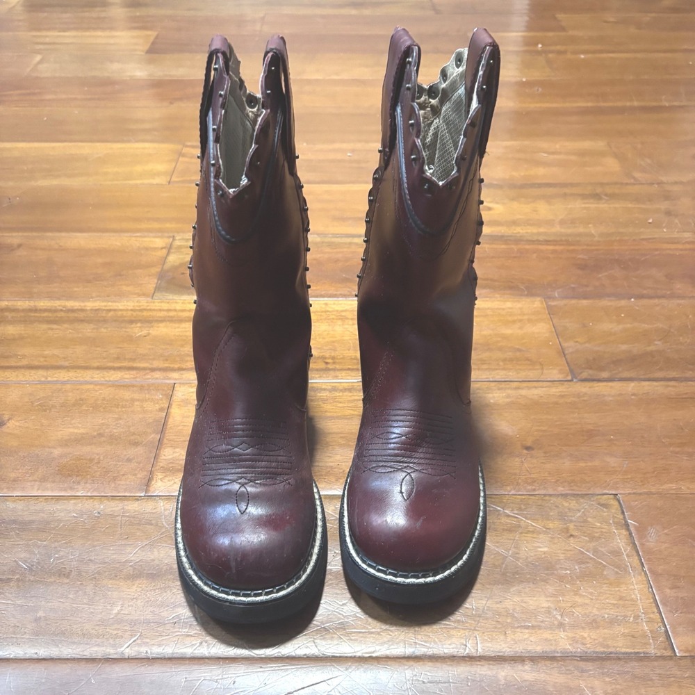 Roper Burgundy Leather Studded Scalloped Western Cowgirl Boots Size 8.5